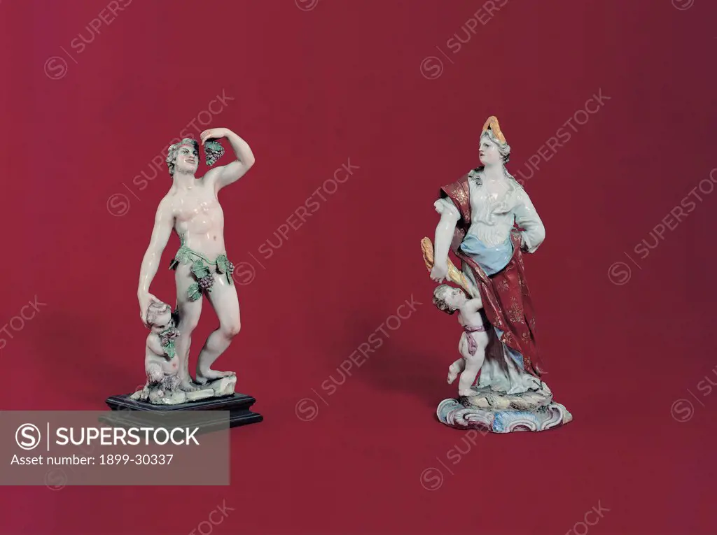 Statuettes of mythological figures, by Unknown, 18th Century, porcelain. Italy, Campania, Naples, Duca di Martina Museum. Whole artwork. Statuettes mythological figures Dionysus couple naked young ivy grape putto Juno Hera.
