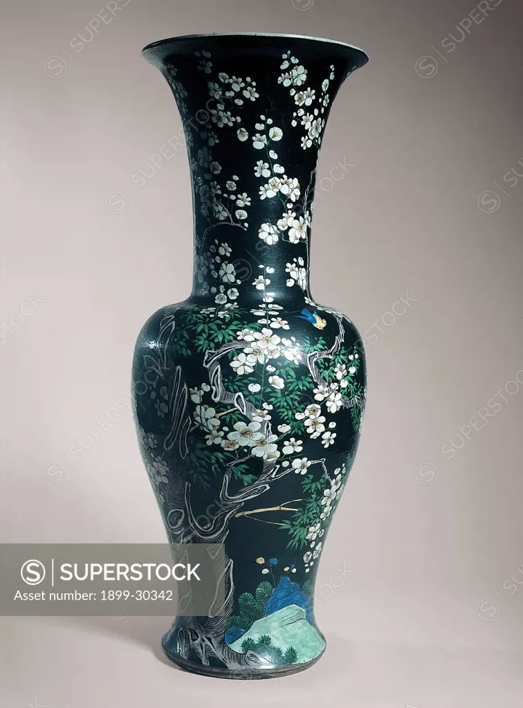 China vase, by Unknown, 17th Century, porcelain. Italy, Campania, Naples, Duca di Martina National Museum. Whole artwork. China vase floral decorations rinceaux.