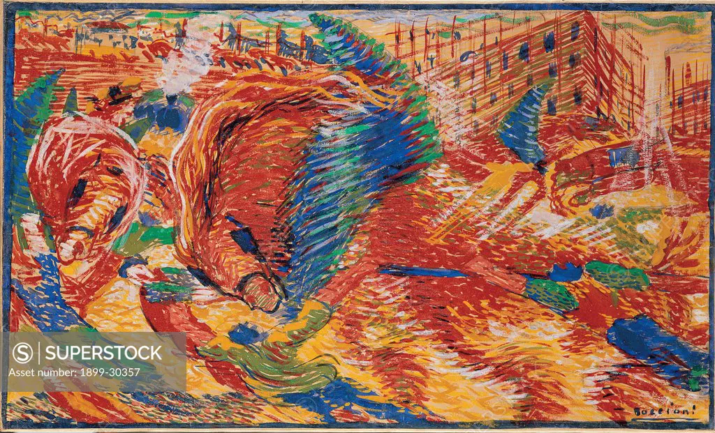 Study for 'La Citta che Sale', by Boccioni Umberto, 1910 - 1911, 20th Century, tempera on paper. Italy, Lombardy, Milan, Brera Art Gallery, Jesi Collection. Dynamism strength power horse man constructions scaffolding outskirts.