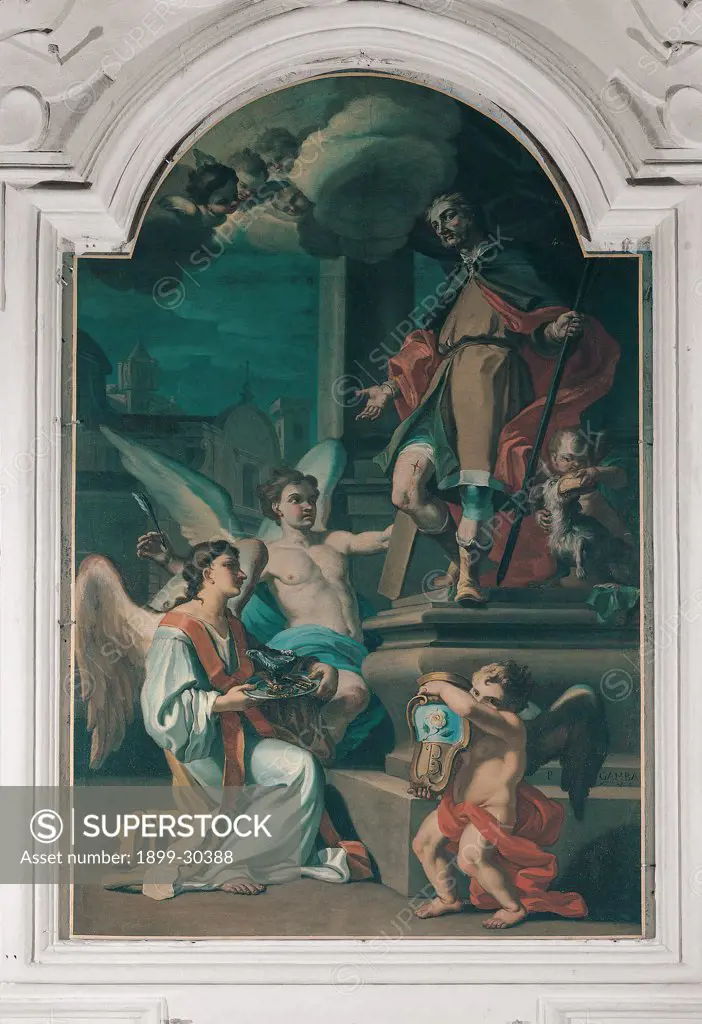 St Roch, by Gamba Paolo, 18th Century, oil on canvas. Italy, Molise, Ripabottoni, Campobasso, Immacolata church. St Roch mantle: cloak sore angels pedestal white red azure: light blue brown blue.