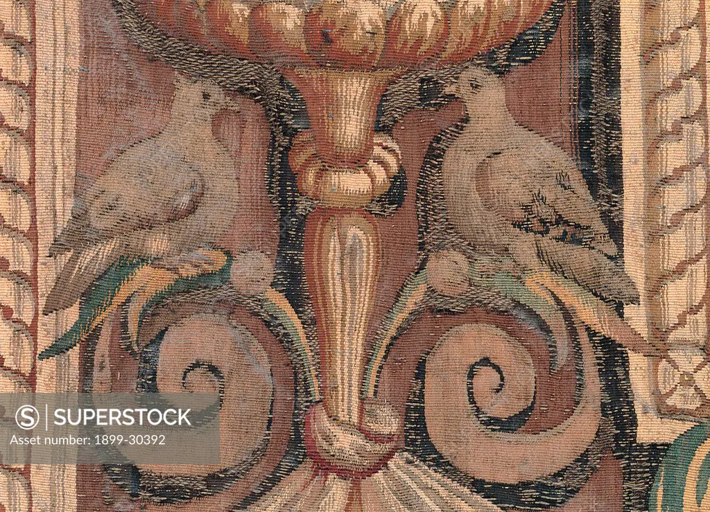 The Passage of the Virgin, by Karcher Giovanni, 1562, 16th Century, arazzo tessuto a Ferrara. Italy, Lombardy, Como, Cathedral. Detail. Volutes birds phytomorphic decoration side interweaving dark: brown shades.