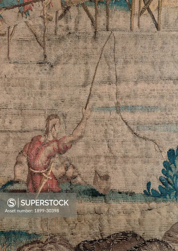 Beheading of St George, by Karcher Giovanni, 1552 - 1552, 16th Century, wool and silk. Italy, Emilia Romagna, Ferrara, Cathedral Museum. Detail. Fisher water bush foliage lake red yellow green light blue: azure brown dark: brown shades.