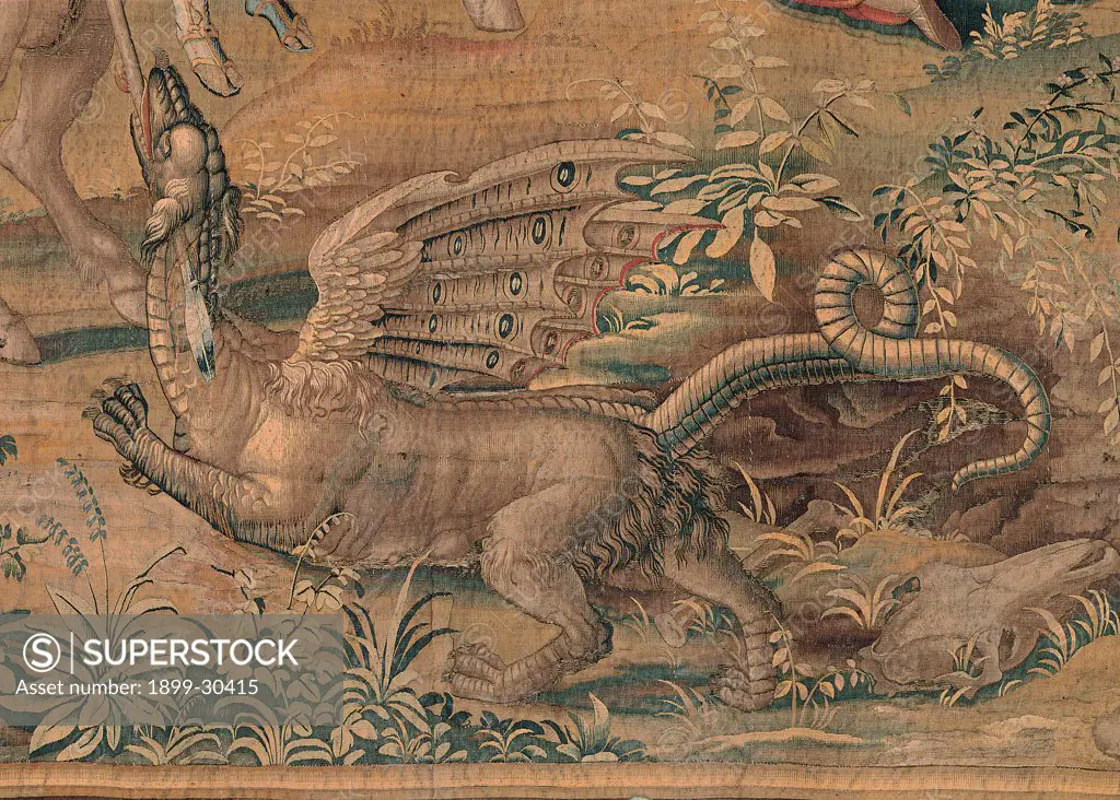 St George and the Dragon, by Karcher Giovanni, 1551 - 1553, 16th Century, arazzo tessuto a Ferrara. Italy, Emilia Romagna, Ferrara, Cathedral Museum. Detail. Winged dragon fantasy wings pierced lance: spear decorative characters grass flowers rocks dark: brown shades green.