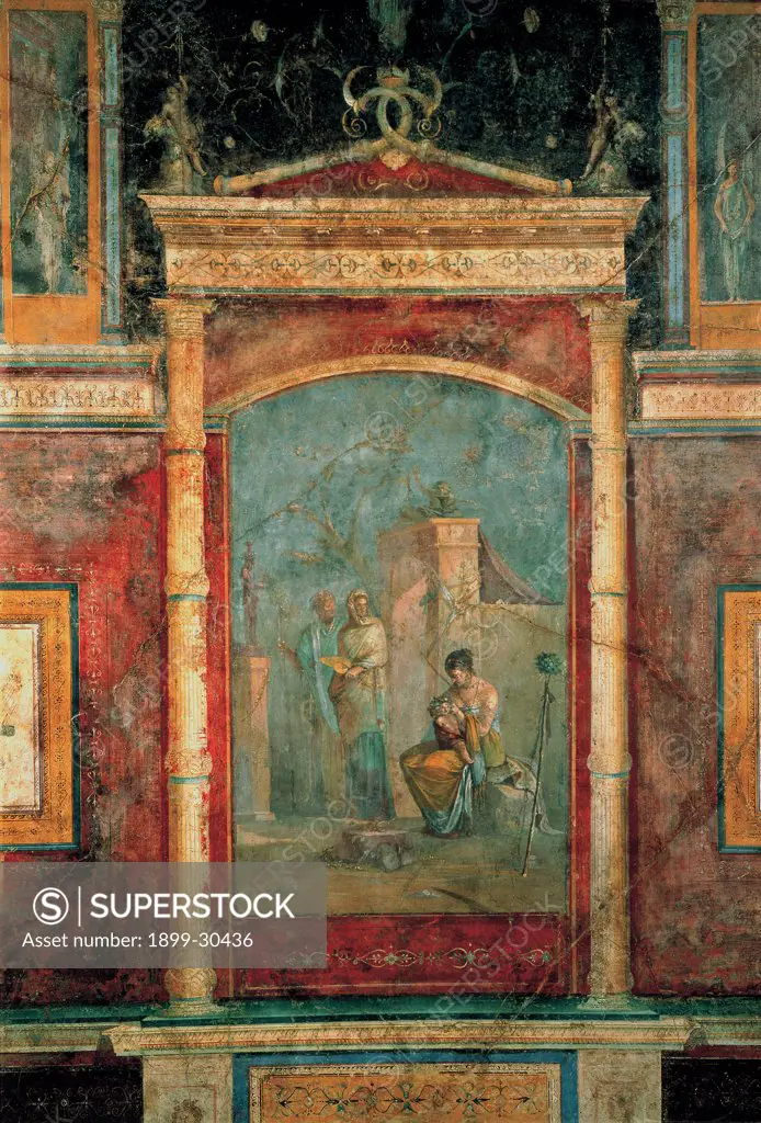 Dionysus Child, Ino and the Nymphs of Nysa, by Unknown artist, 1st Century b.C., 1st Century, detached painted plaster (mural). Italy: Lazio: Rome: Palazzo Massimo alle Terme. Mock architectural aedicule portraying the mythological scene