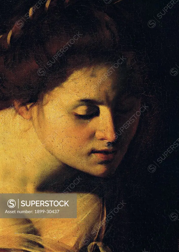 Madonna Palafrenieri, by Merisi Michelangelo known as Caravaggio, 1605, 17th Century, oil on canvas. Italy: Lazio: Rome: Borghese Gallery. Detail. Face Virgin