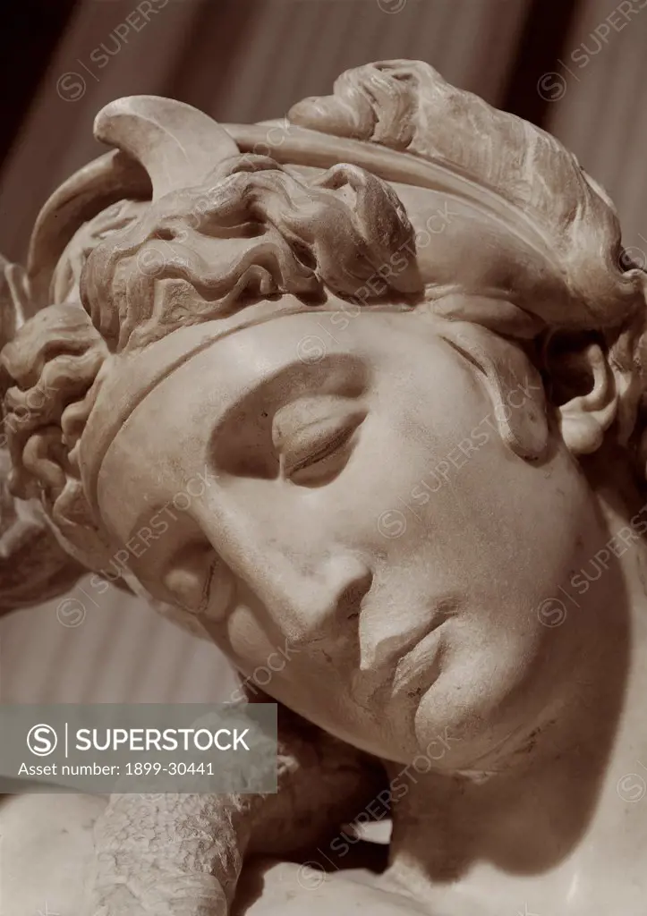 Tomb of Giuliano de' Medici, by Buonarroti Michelangelo, 1520 - 1534, 16th Century, marble, full relief. Italy: Tuscany: Florence: San Lorenzo basilica: Sagrestia Nuova Medici Chapel. Detail of the female face of the Night with hair gathered in a ribbon