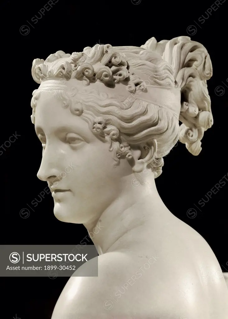 Pauline Borghese Bonaparte, by Canova Antonio, 1805 - 1808, 2nd Century, marble, full relief. Italy: Lazio: Rome: Borghese Gallery. Detail. Face noblewoman curly hair ribbon bare shoulders