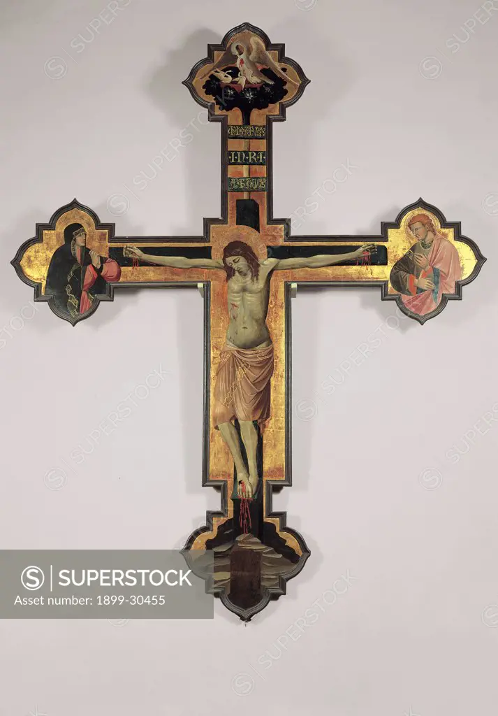 Painted Cross/Crucifix, by Jacopo di Paolo, 1426, 15th Century, tempera on board with golden background. Italy, Emilia Romagna, Bologna, San Giacomo Maggiore Church. All painted wooden Cross Christ Patiens nude: naked loincloth nimbus aureole: halo on the left, at the polylobate end of the horizontal arm of the Cross, Mary Madonna Grieved Virgin on the right St John the Evangelist a.