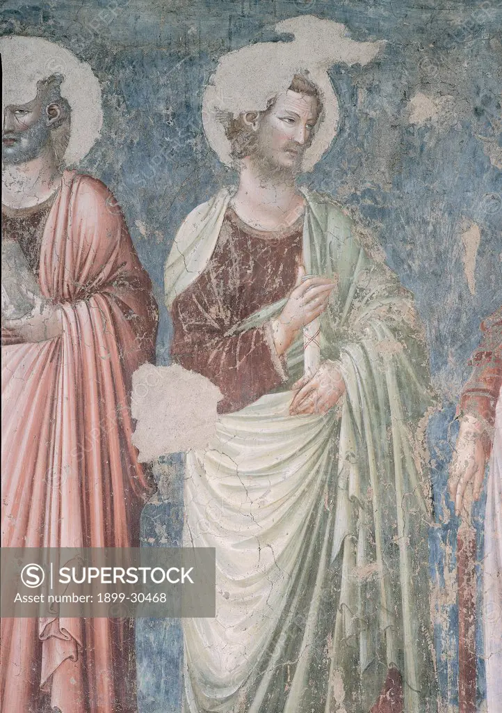 Apostles, by Unknown, 14th Century, Unknow. Italy, Emilia Romagna, Bagnacavallo, Ravenna, San Pietro in Silvis Parish church. Detail. Fresco Apostles male standing figures tunic beard halo: aureole holding in hand scroll of the law green red blue.