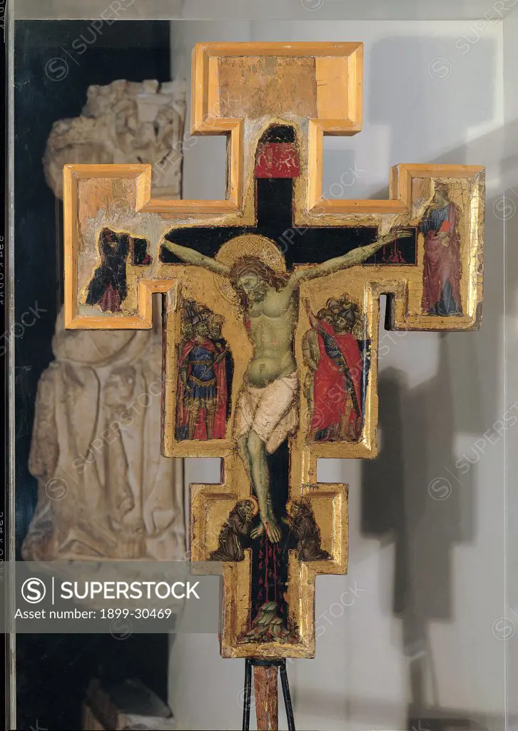 Processional cross, by Master of the Gubbio Cross, 14th Century, painted wood. Italy, Umbria, Perugia, National Gallery of Umbria. Whole artwork. Crucifix crucifixion Jesus Christ patiens kneeling Franciscan at the feet Madonna St John Roman soldiers Pontius Pilate red gold black brown.