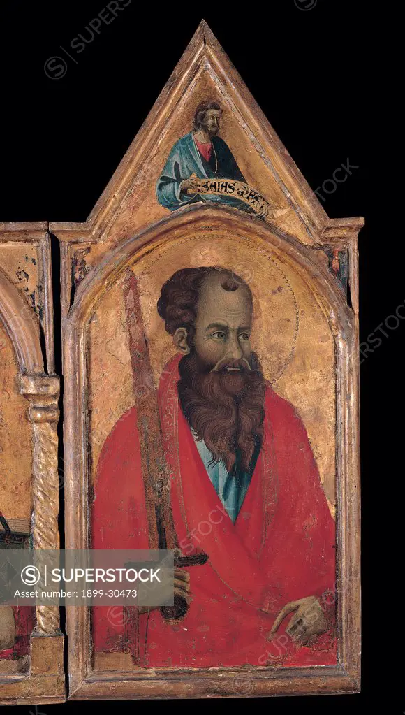 Polyptych, by Master of San Torpe, 1295 - 1335, 14th Century, tempera on board. Italy, Tuscany, Pisa, San Matteo National Museum. Detail. Polyptych St Paul prophet cusp beard drapery: draping mantle: cloak Gothic gold-background sword red gold blue light blue: azure.