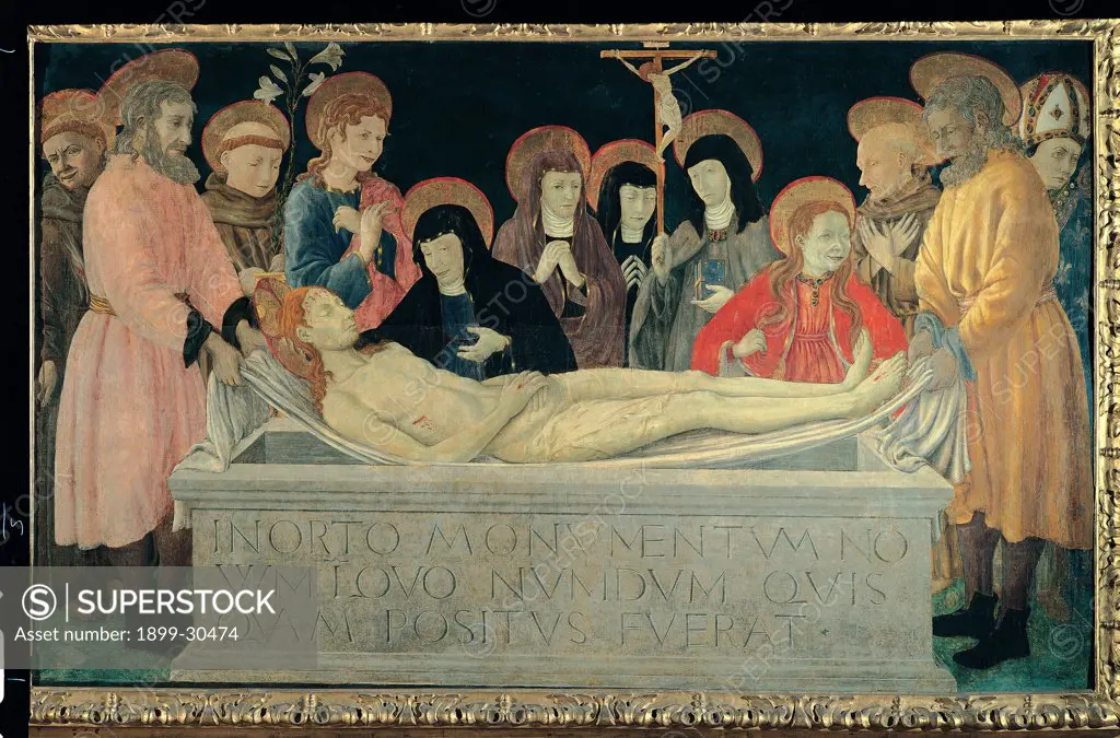 Deposition from the Cross and Saints, by Ferrarese artist (Galasso), 1450 - 1455, 15th Century, tavola. Italy, Emilia Romagna, Ferrara, National Gallery of Art. Whole artwork. Deposition Christ Jesus tomb: sarcophagus inscription Virgin Mary Madonna Mary Magdalene saints Franciscan monks bishop crucifix sudarium wounds dresses: garments white black yellow pink blue white lily brown hues:.