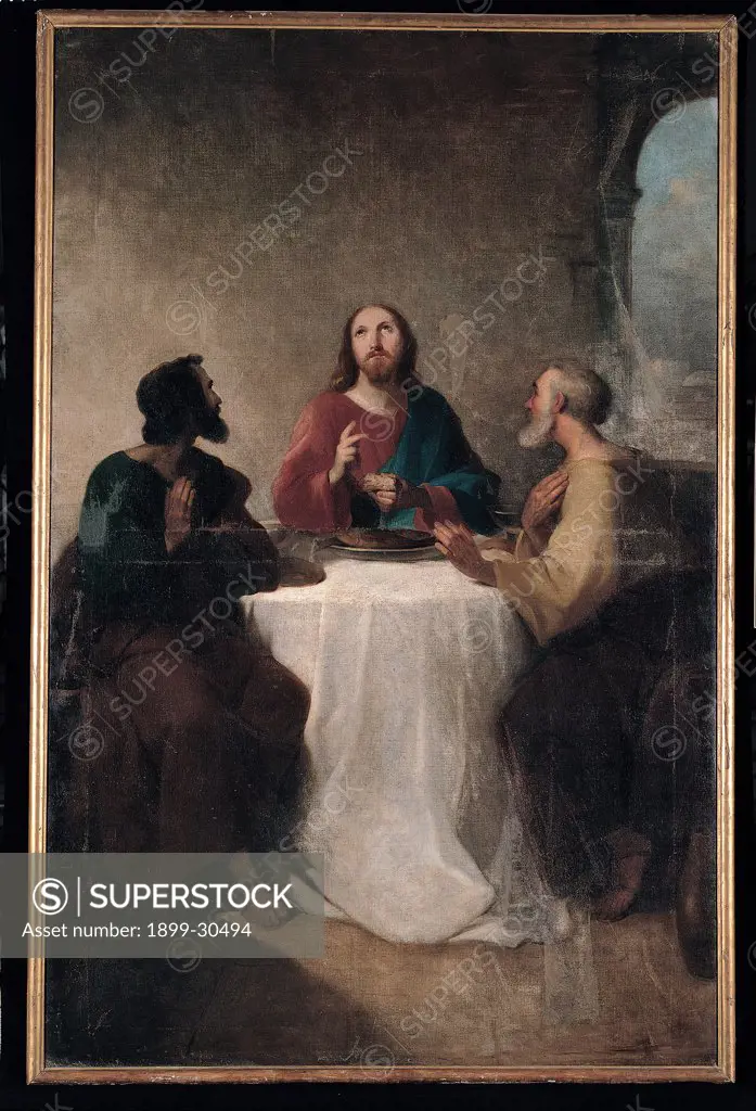 Supper at Emmaus, by Marghinotti Giovanni, 1863, 19th Century, tela. Italy, Sardegna, Cagliari, Sant'Eulalia church. Whole artwork. Supper table companions guests food course dish tablecloth room window disciples Cleopa Jesus Christ recognition Emmaus Eucharist.