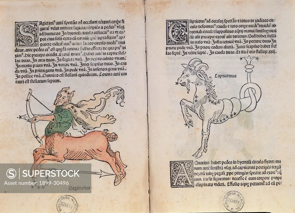 First Edition of the Poeticon Astronomicon by Hyginus, by Ratdolt Erhard, 1485, 15th Century, engraving. Italy, Veneto, Venice, Marciana Library. Whole artwork. Sagittarius Capricorn two pages initial letter decorated inscriptions signs of the zodiac animal decoration man bow arrow lance: spear constellation stars centaur horns goat horse edition green brown red yellow ma.