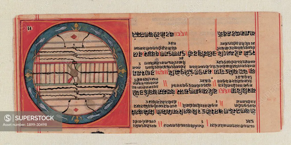Chart of the Ja Jain Cosmos with the Seven Streams of Water and Mount Meru at the center, by Unknown, 18th Century, watercolored ink on paper. Italy, Lombardy, Milan, Private collection. Whole artwork. Chart drawing inscriptions globe: sphere earth: world lines: straight lines circle circumference water fishes plants form: shape geometry red black white light blue: azure.