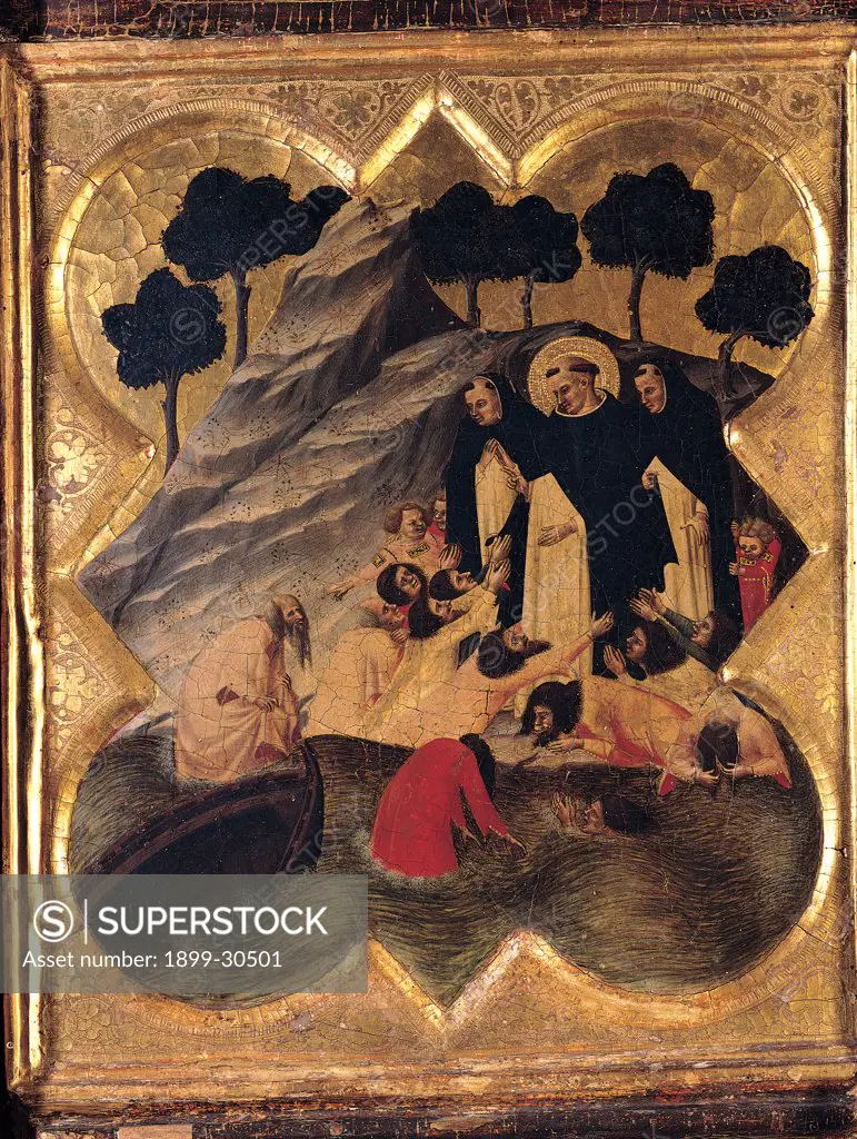St Dominic Polyptych, by Traini Francesco, 1345, 14th Century, tempera and oil on canvas. Italy, Tuscany, Pisa, San Matteo National Museum. Detail. Lobed side compartment gold St Dominic saving the shipwrecked of the Garonne river water shipwreck.