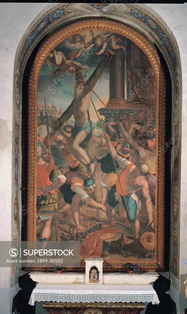 The Martyrdom of St Andrew, by Paggi Giovanni Battista, 16th Century, oil on canvas. Italy, Liguria, Loano, Savona, Sant'Agostino church. Whole artwork. Canvas above side altar martyrdom St Andrew crucifixion men raising the cross to kill martyr on the right Roman centurion witnessing background sky and column of a pagan temple.