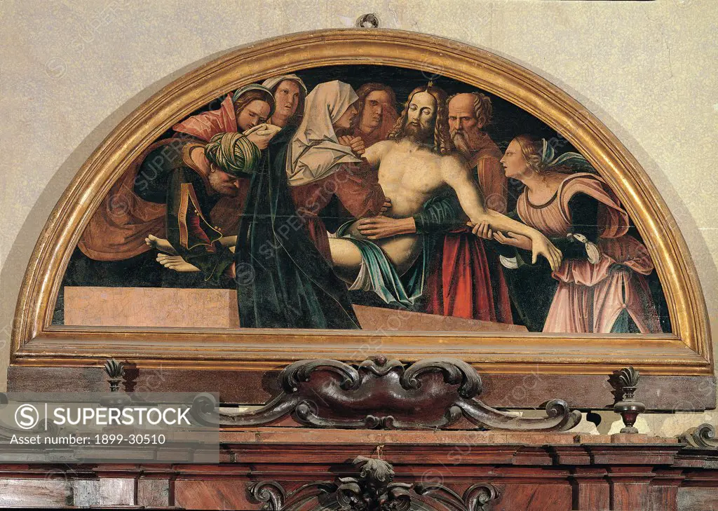 Deposition, by Pagani Vincenzo, 1517, 16th Century, tavola. Italy, Marche, Treia, Macerata, Cathedral. Whole artwork. Lunette with deposition Jesus Christ suffering Madonna Mary sarcophagus group of people onlookers: bystanders.