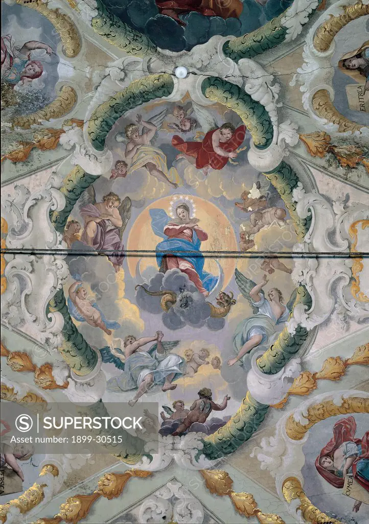 Fresco of the Triumphal Arch, by Nardini Tommaso, 18th Century, fresco. Italy, Marche, Ascoli Piceno, Sant'Angelo Magno Church. Detail. Immaculate Conception stars' crown moon devil dragon Mary Virgin Madonna clouds angels cherubs seraphs stuccos paintings false architectures white gold green blue red green.