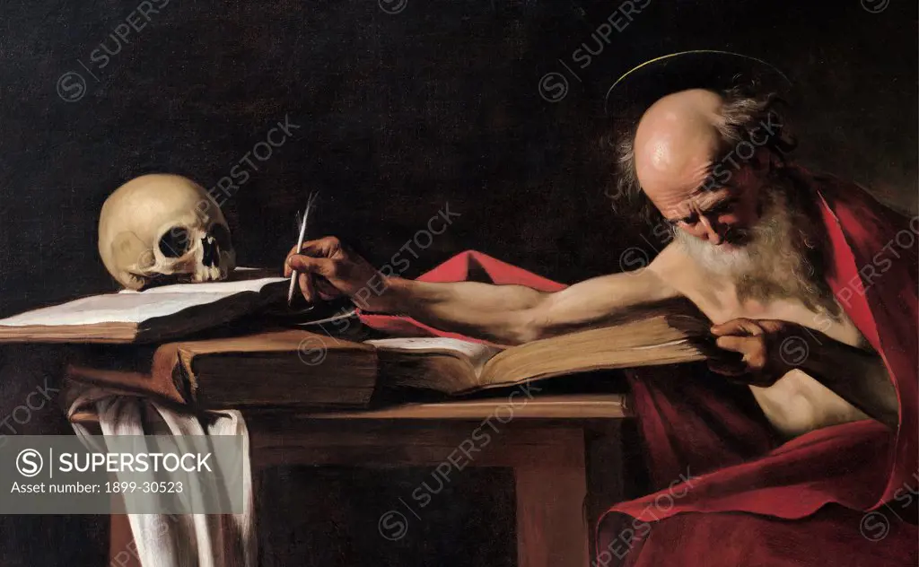 St Jerome, by Merisi Michelangelo known as Caravaggio, 1605, 17th Century, oil on canvas. Italy, Lazio, Rome, Borghese Gallery. Detail. Saint St Jerome red mantle: cloak beard books skull table.