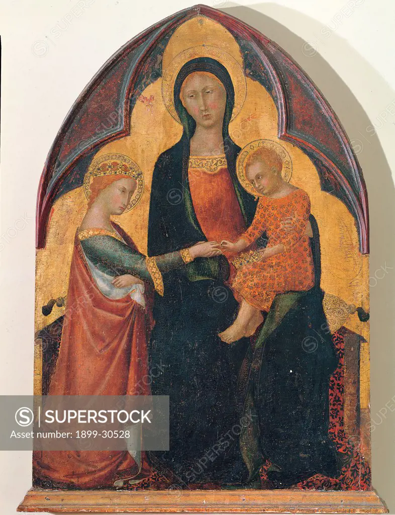 The Mystical Marriage of Saint Catherine, by Master of the Palazzo Venezia, 14th Century, Unknow. Italy, Tuscany, Siena, National Gallery of Art. Whole artwork. Madonna St Virgin Mary Child Jesus: Baby Jesus: Christ Child St Catherine of Alexandria mystical marriage halo: aureole crown throne colors orange blue gold.