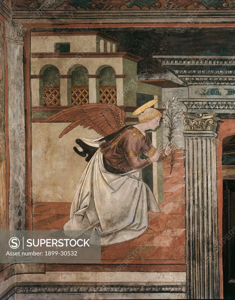 Frescoes in the Chapel, by attributed probably Lorenzo da Viterbo, 15th Century, fresco. Italy, Abruzzo, Tagliacozzo, L'Aquila, Ducal Palace. Detail. Annunciation angel Gabriel Archangel lily purity halo: aureole nimbus buildings arches dress: robe: garment drapery cream white red gray black.