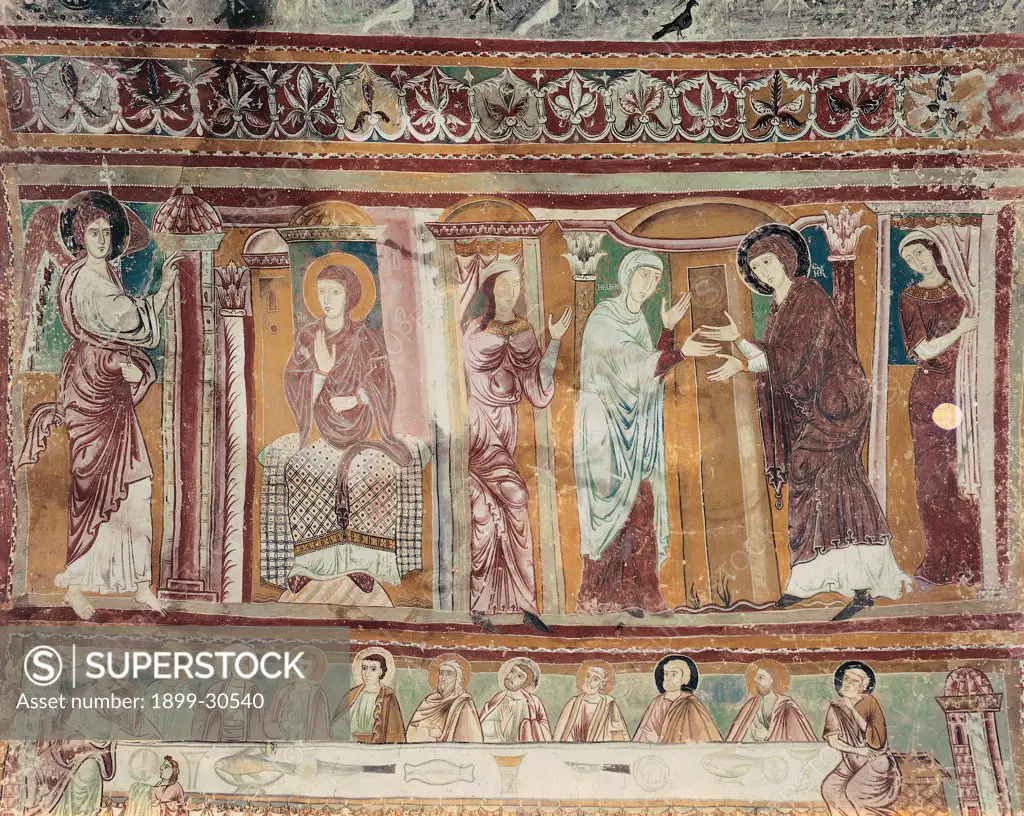 Scenes of Childhood of Christ, by Master of Christ's Childhood of Bominaco, 13th Century, fresco. Italy, Abruzzo, Bominaco, L'Aquila, San Pellegrino Oratory. Whole artwork. Annunciation Visitation Last Supper Mary Elizabeth Jesus Christ Apostles angel servants columns niches conches capitals stylized buildings decoration drapery dresses: robes: garments veil wings lily twelve 12 table.
