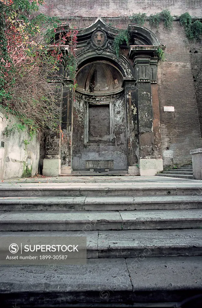 Fountain of San Sebastianello, by Unknown, 1570, 16th Century, Unknow. Italy, Lazio, Rome, Rampa di San Sebastianello. View fountain of San Sebastianello Rome sarcophagus water coat-of-arms niche portal.