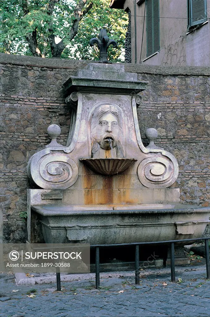 Fountain of the Mask in Via Giulia in Rome, by Unknown, 1626, 17th Century, pen and ink. Italy, Lazio, Rome, Via Giulia. View fountain Mascherone street Via Giulia Rome porphyry paving basin volutes face water lily shell.