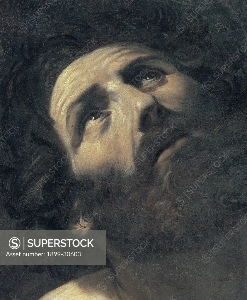 St Roch in Prison, by Reni Guido, 1617 - 1618, 17th Century, oil on canvas. Italy. Emilia Romagna. Modena. Estense Gallery. Detail of St Roch of face of a bearded man turned upwards