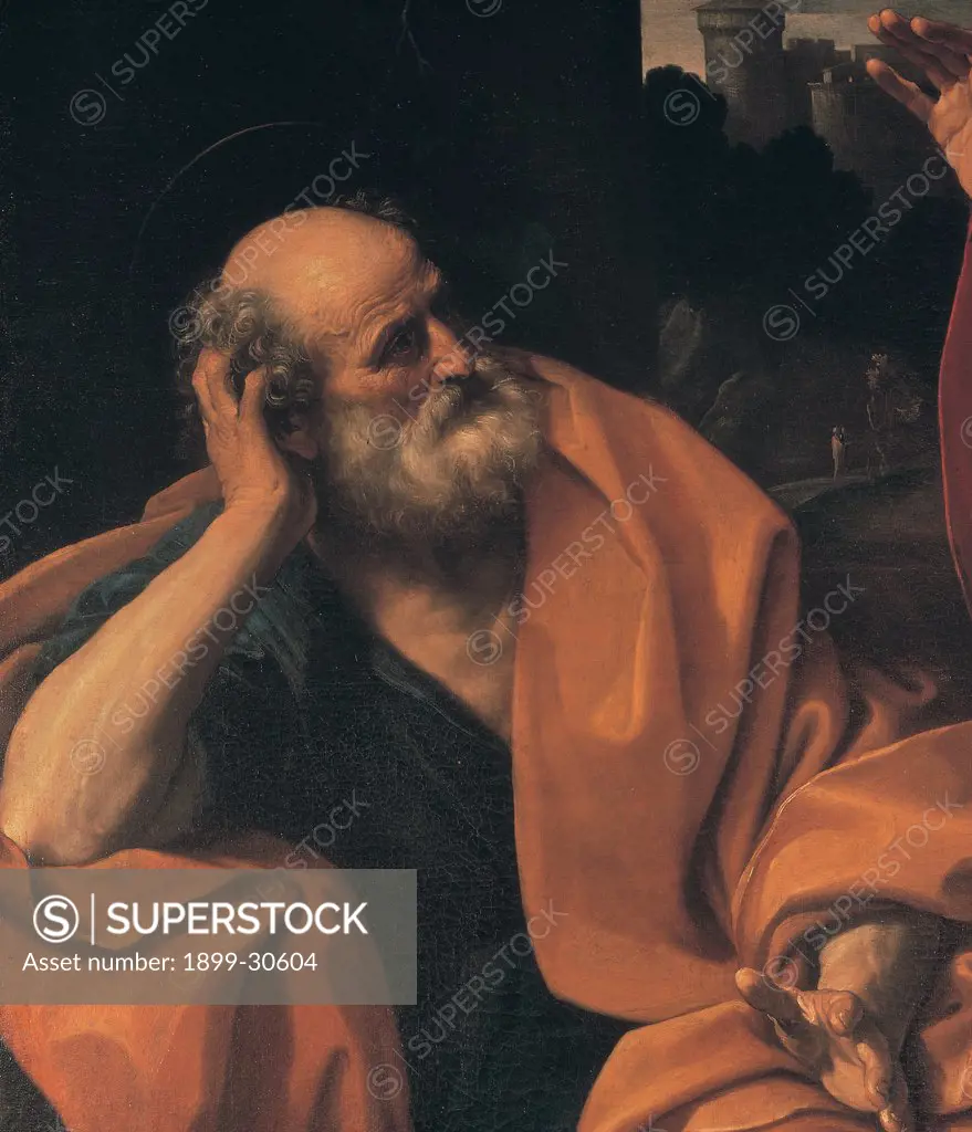 Saints Peter and Paul, by Reni Guido, 1605 - 1606, 17th Century, oil on canvas. Italy: Lombardy: Milan: Brera Art Gallery. Detail. St Peter, gray-bearded man with red-orange drapery, supporting his bearded head with his arm