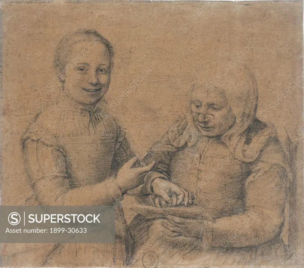 Old Woman who Studies the Alphabet is Mocked by a Young Girl, by Anguissola Sofonisba, 16th Century, black chalk, heightened with white, on scraped olive grey paper mounted on canvas. Italy: Tuscany: Florence: Uffizi Gallery: inv. 13936 F. Whole artwork. A smiling girl looks at the observer as she points to an elderly woman whose finger she is holding. The older woman looks at an open book through pince-nez. Both wear period clothes and are portrayed with captivating immediacy