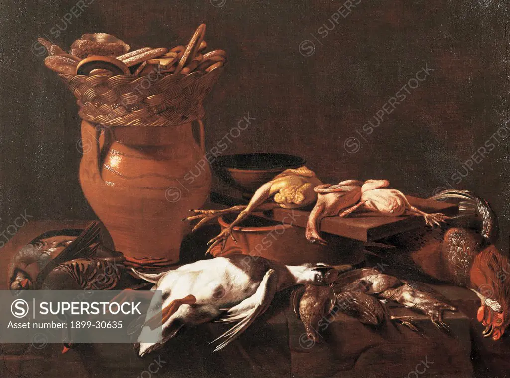 Kitchen Still Life. Game (Partridges, Quails, Pheasant, Mallard), Chickens on the Chopping Board, Pitcher, Basket of Candies, Casserole, by Baschenis Evaristo, 1645 - 1650, 17th Century, oil on canvas. Private collection. Whole artwork. Apparent disorder on the table in a kitchen of large earthenware jar topped by a wicker basket with candies, birds perched on the stone bench, chickens and pheasants on the wooden cutting board