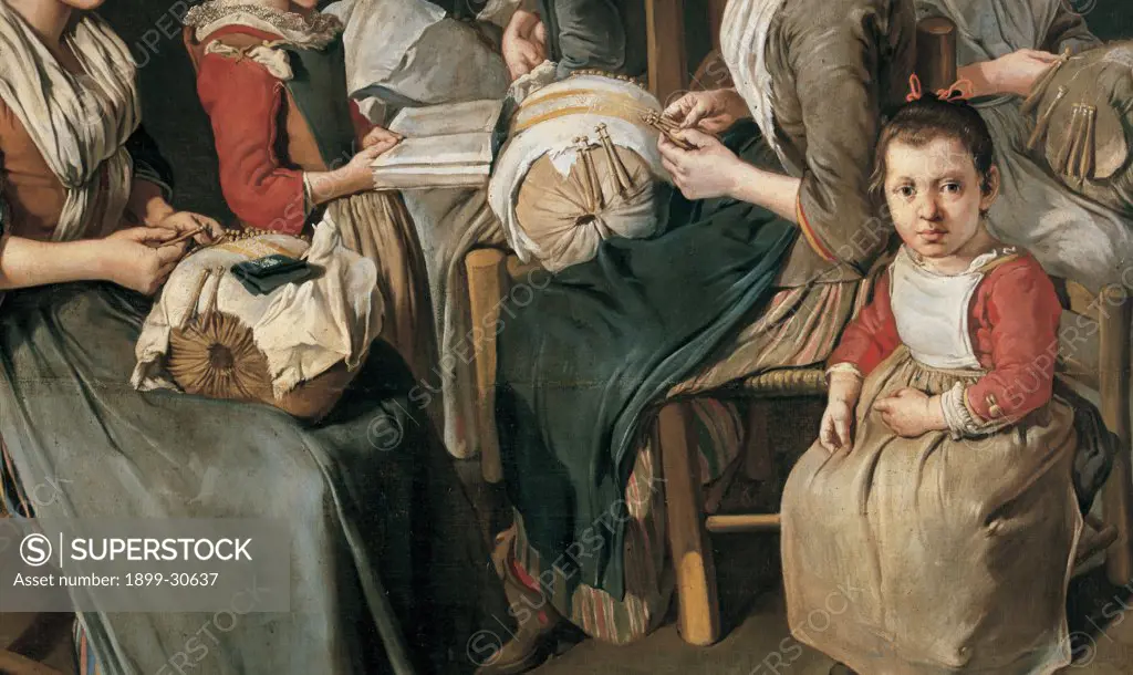 Women making Lace (The Sewing School), by Ceruti Giacomo know as Pitocchetto, 1720 - 1730, 18th Century, oil on canvas. Private collection. Detail. Group girls lace bare room seated on chairs with straw seats little girl standing reading a book out loud foreground little girl hands on lap looking out of the picture