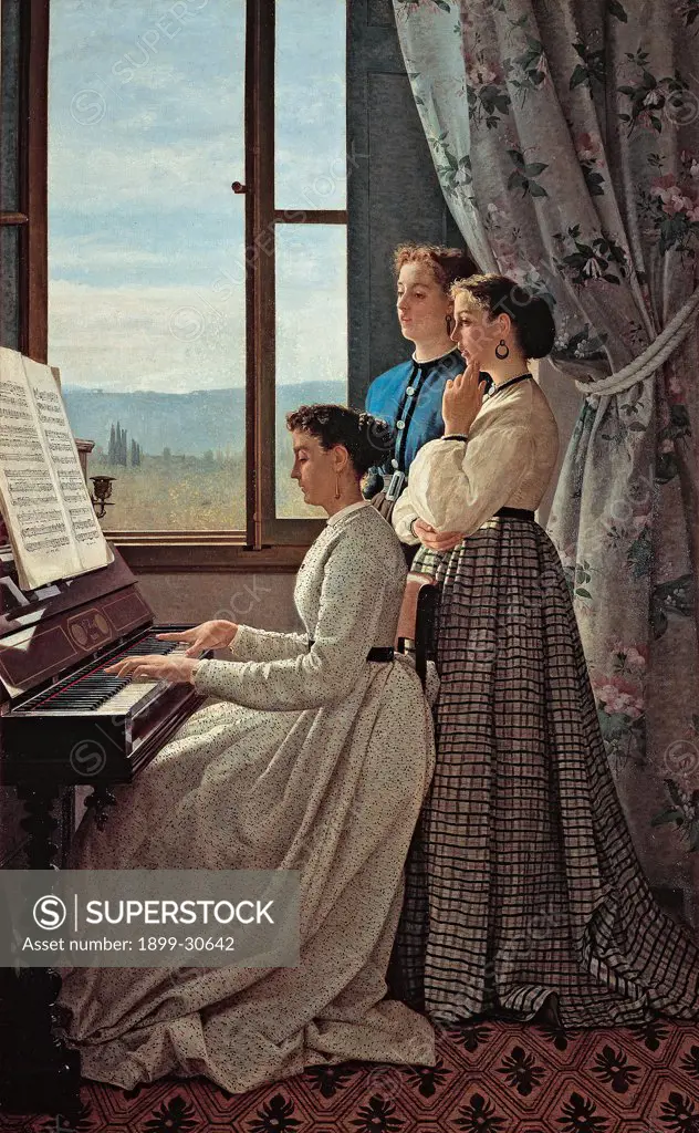 The Folk Song, by Lega Silvestro, 1867, 19th Century, oil on canvas. Italy, Tuscany, Florence, Palazzo Pitti, Modern Art Gallery. Whole artwork. Interior room curtains three women piano musical instrument score stornello chant curtain window view countryside.