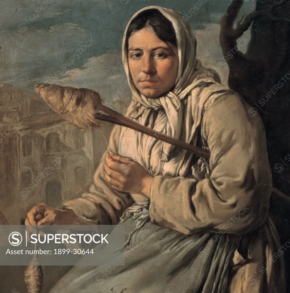 Little Beggar and Woman Spinning, by Ceruti Giacomo know as Pitocchetto, 18th Century, oil on canvas. Private collection. Detail. Lady spinning seated on stone platform/base worn out clothes old blue apron young woman face white handkerchief looking out of picture under left arm spinner right hand spindle houses in background