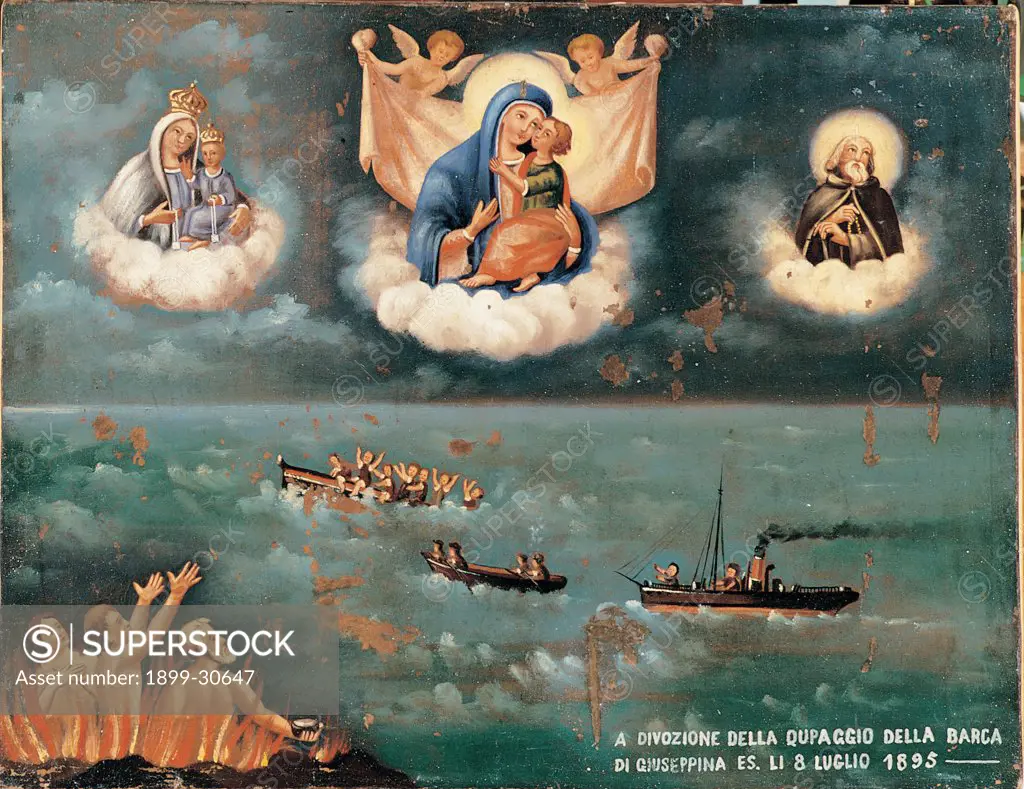 Ex-voto. The Storm, by Unknown, 1895, 19th Century, tempera on canvas. Italy, Puglia, Molfetta, Bari, Madonna dei Martiri church. All ex-voto storm stormy sea blue sailors wooden boats: crafts struck sail she helps: aids a rowing-boat that is going to sink (below left) nudes flames lost: damned souls: the damned in hell flames on the clouds Madonna.