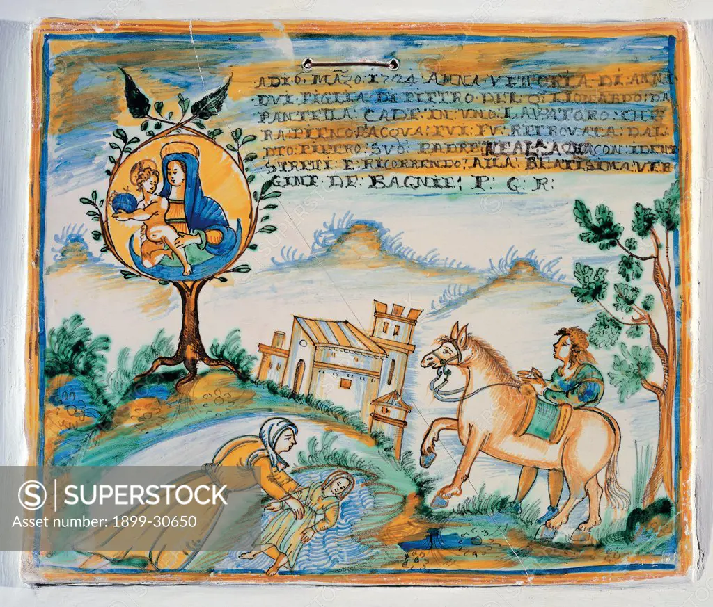 Ex voto. Saving of girl fallen in a sink, by Unknown, 1724, 18th Century, tile polychrome majolica. Italy, Umbria, Deruta, Perugia, Madonna dei Bagni Church. Whole artwork. Landscape hill castle on the left tree roots emblem with Madonna Mary Virgin and Baby: Child Jesus: Christ Child on the right rider sees the scene mother saving young girl fell into a sink dedicatory inscription ye.