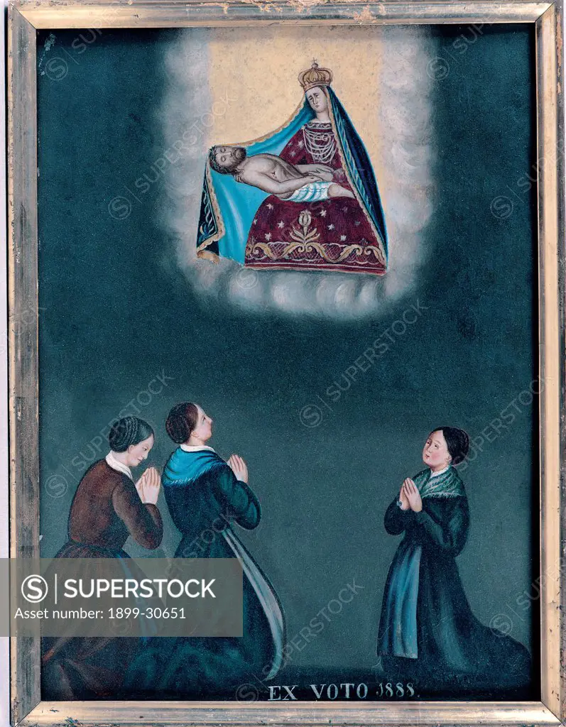 Ex voto. Pious Women in the Typical Val di Fiemme Costumes, by Unknown, 1888, 19th Century, oil on canvas. Italy, Trentino Alto Adige, Cavalese, Trento, Madonna dei Sette Dolori Sanctuary. Whole artwork. Ex voto at the top clouds deposition Mary Madonna Jesus Christ at the bottom three devotees dressed in popular costumes typical of Val di Fiemme on their knees with a praying attitude.