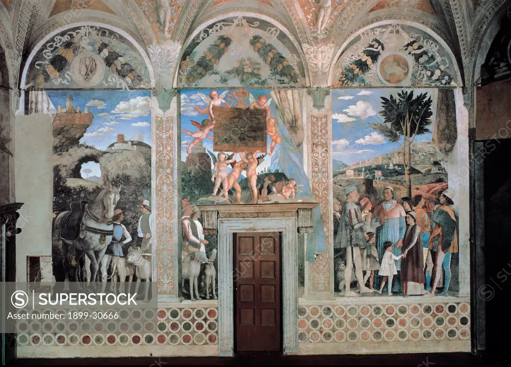 Decoration of the Camera degli Sposi (Camera Picta), by Mantegna Andrea, 1465 - 1474, 15th Century, fresco and ""dry"" tempera. Italy, Lombardy, Mantua, Ducal Palace. West wall. The meeting between Ludovico Gonzaga and his sons, Francesco and Federico. Whole artwork. Wall higher lunettes with Ludovico Gonzaga's deeds..