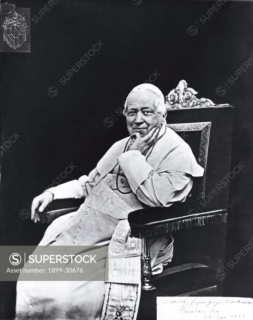 Photograph of Pope Pius IX, by Unknown, 1877, 19th Century, Unknow. Italy, Private Collection. Whole artwork. Figure pope sitting historical figure skullcap stole papal seat chair.