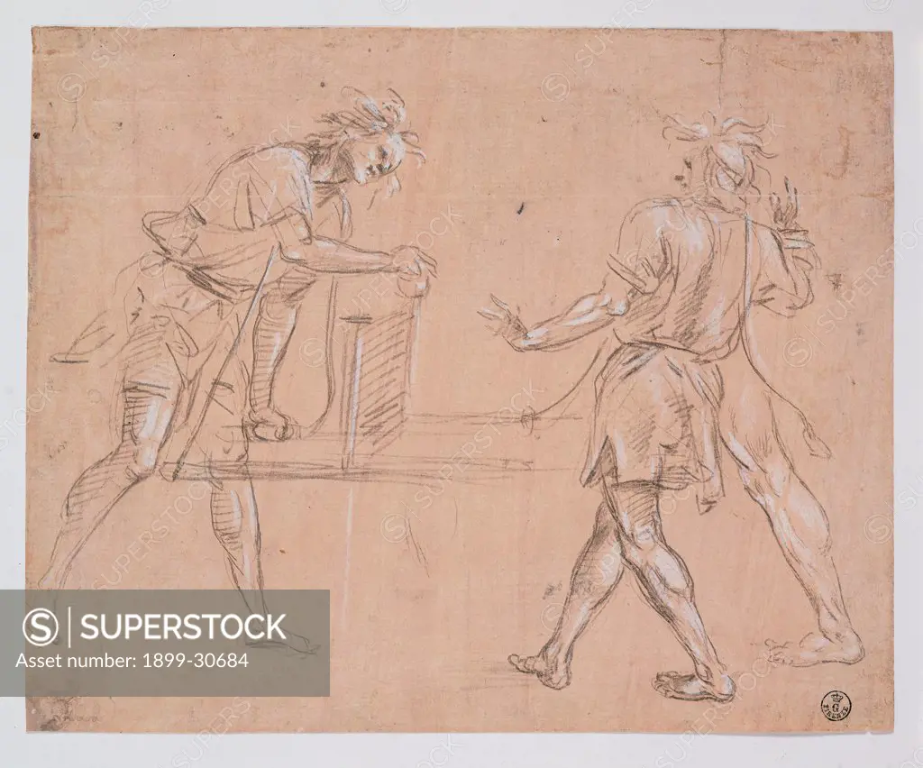 Two litter-bearers and a leg, by Lippi Filippino, 15th Century, metal point on white paper treated with pale color. Italy, Tuscany, Florence, Uffizi Gallery. Whole artwork. Men litter-bearers leg highlights.