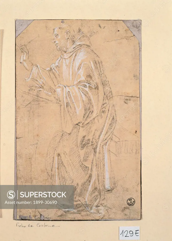 Study for the St Bernard Figure, by Lippi Filippino, 15th Century, metal point with white lead on pink treated paper. Italy, Tuscany, Florence, Uffizi Gallery. Whole artwork. Man St Bernard tunic: habit highlights.