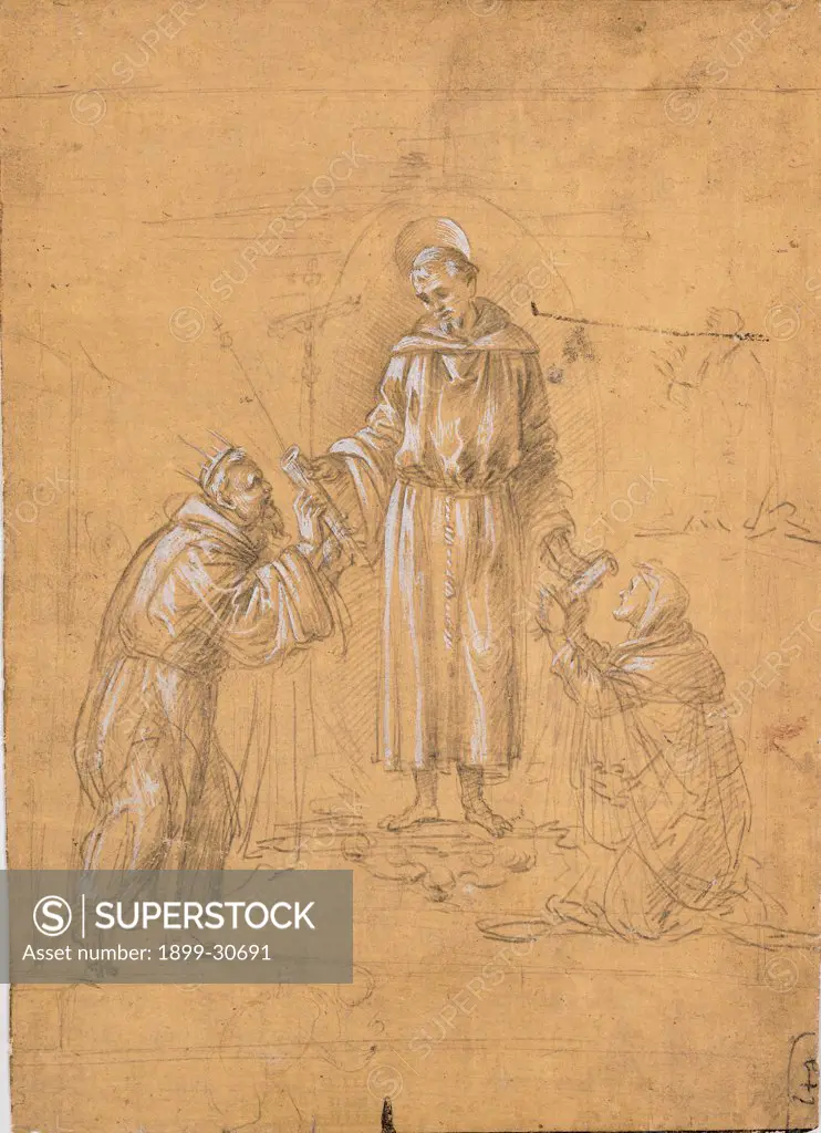 St Francis Giving the Rule of the Tertiary Order to Sts Louis and Elizabeth, by Lippi Filippino, 15th Century, pen, brown ink and charcoal. Italy, Lazio, Rome, National Institute for Graphics. Whole artwork. St Francis Louis king crown Elizabeth highlights habit: tunic.
