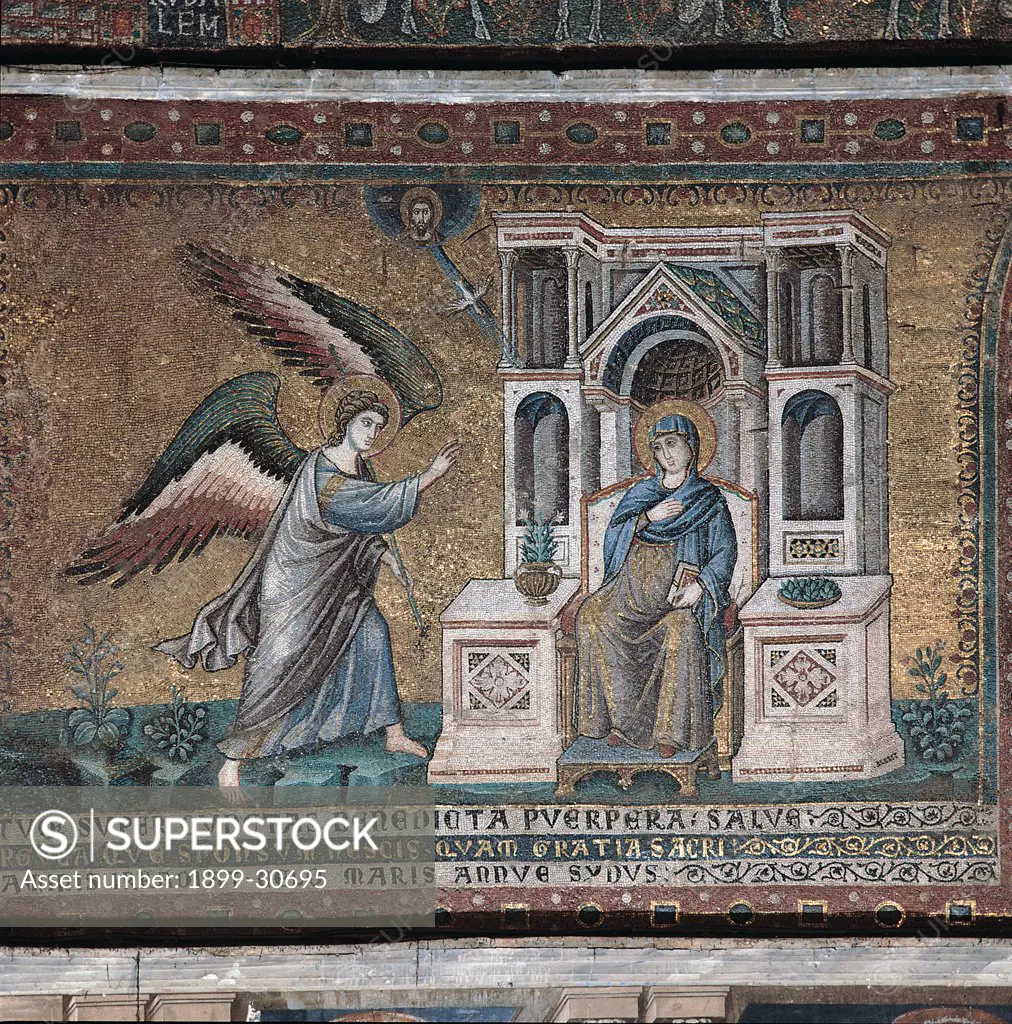 Stories of the Virgin Mary of Annunciation, by Pietro de' Cerroni known as Pietro Cavallini, 1273 - 1308, 13th Century, mosaic. Italy, Lazio, Rome, Santa Maria in Trastevere Basilica, apse. Whole artwork. Annunciation Virgin Mary Madonna receiving the Good News Angel announcing the Good News throne Holy Spirit.