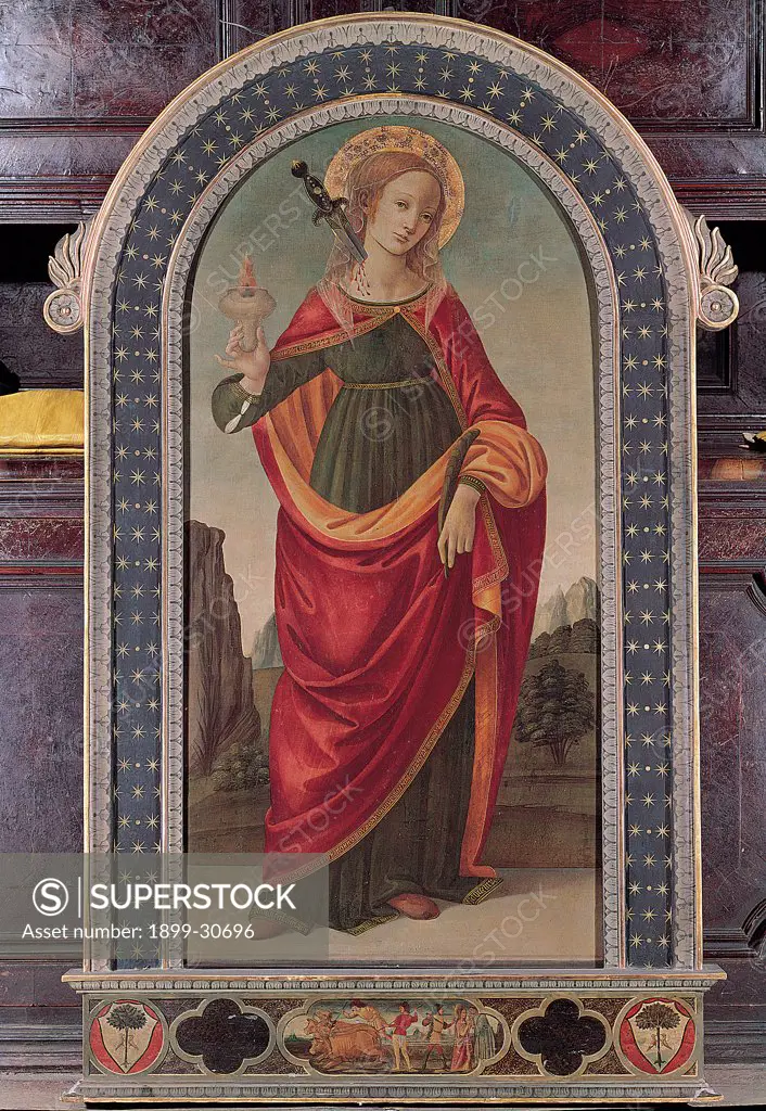 St Lucy, by attributed Lippi Filippino, 15th Century, Unknow. Italy, Tuscany, Prato, Duomo. All young woman: young lady knife: dagger thrust in the neck: throat martyr lantern red mantle: cloak aureole: halo predella: altar step arched altarpiece.