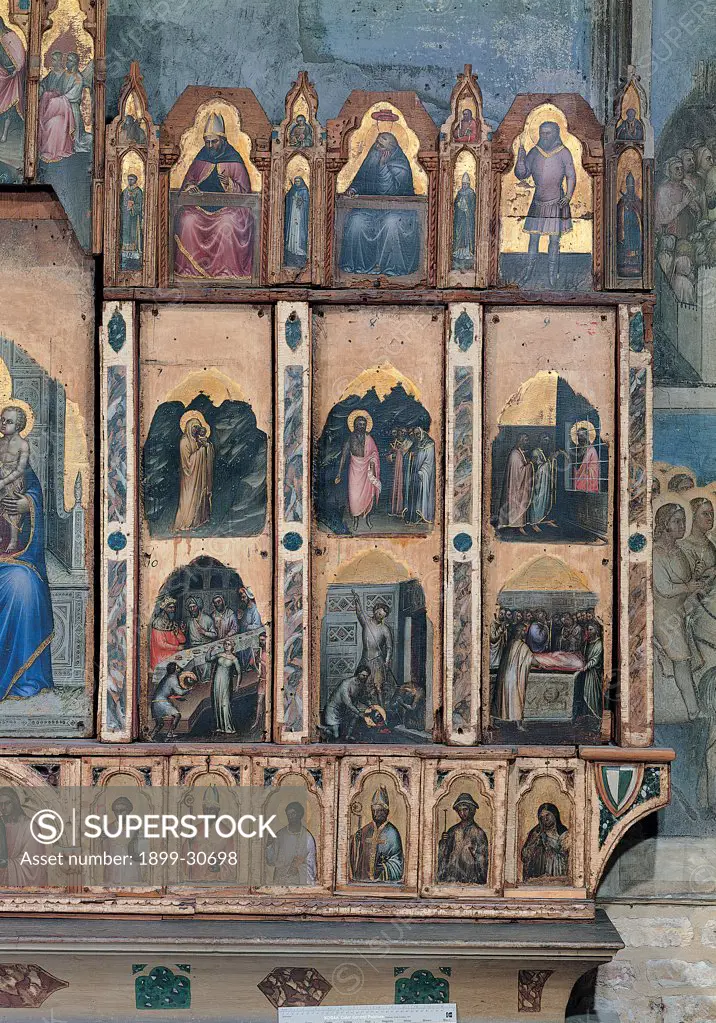 Polyptych, by Giusto de' Menabuoi Giusto Padovano, 14th Century, panel. Italy, Veneto, Padua, San Giovanni Battista baptistery. Detail. Polyptych Madonna Mary Child Jesus scenes episodes Saints.
