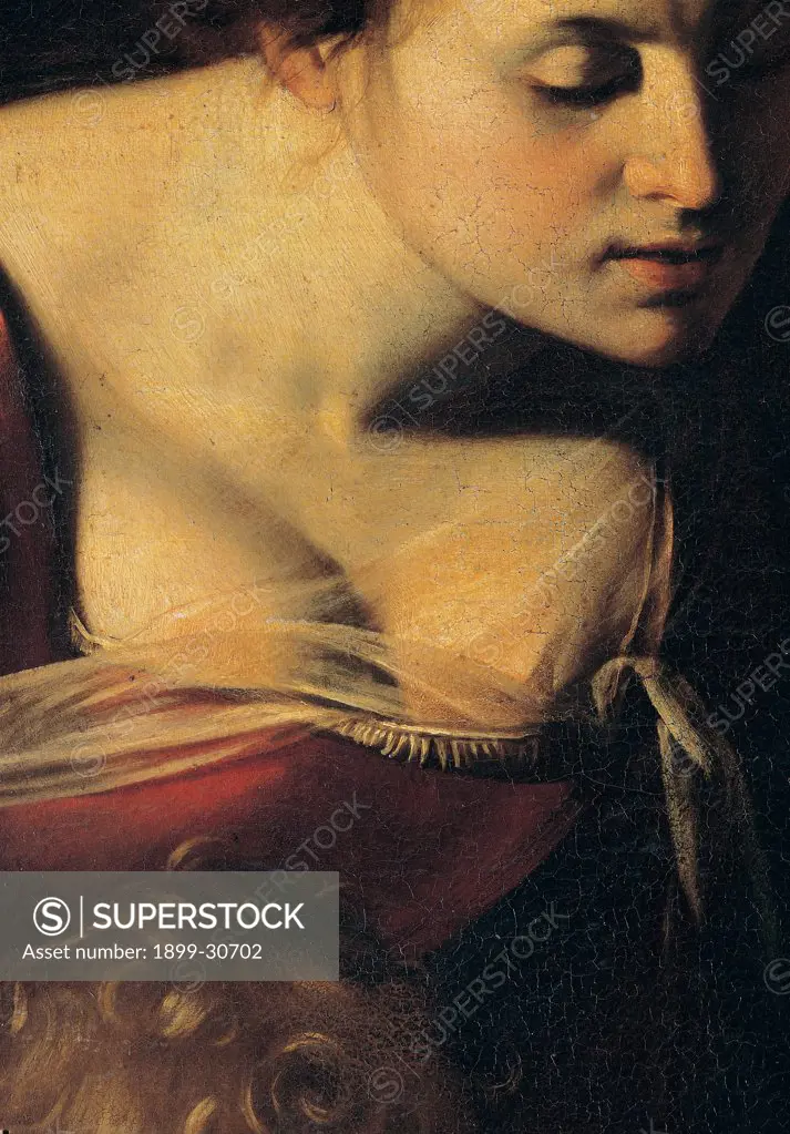 Madonna Palafrenieri, by Merisi Michelangelo known as Caravaggio, 1605, 17th Century, oil on canvas. Italy, Lazio, Rome, Borghese Gallery. Detail. Face blush Madonna neckline dress veil breast.