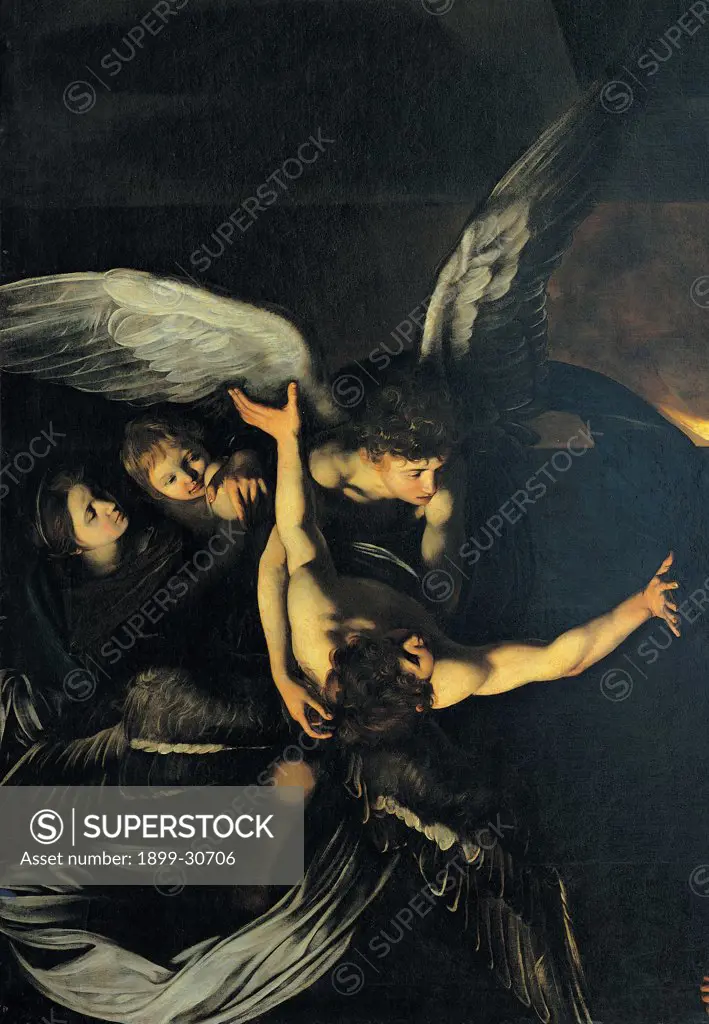 Seven Works of Mercy, by Merisi Michelangelo known as Caravaggio, 1606 - 1607, 17th Century, oil on canvas. Italy, Campania, Naples, Pio Monte della Misericordia Church. Detail. Angels embrace: hug wings face of a woman child.