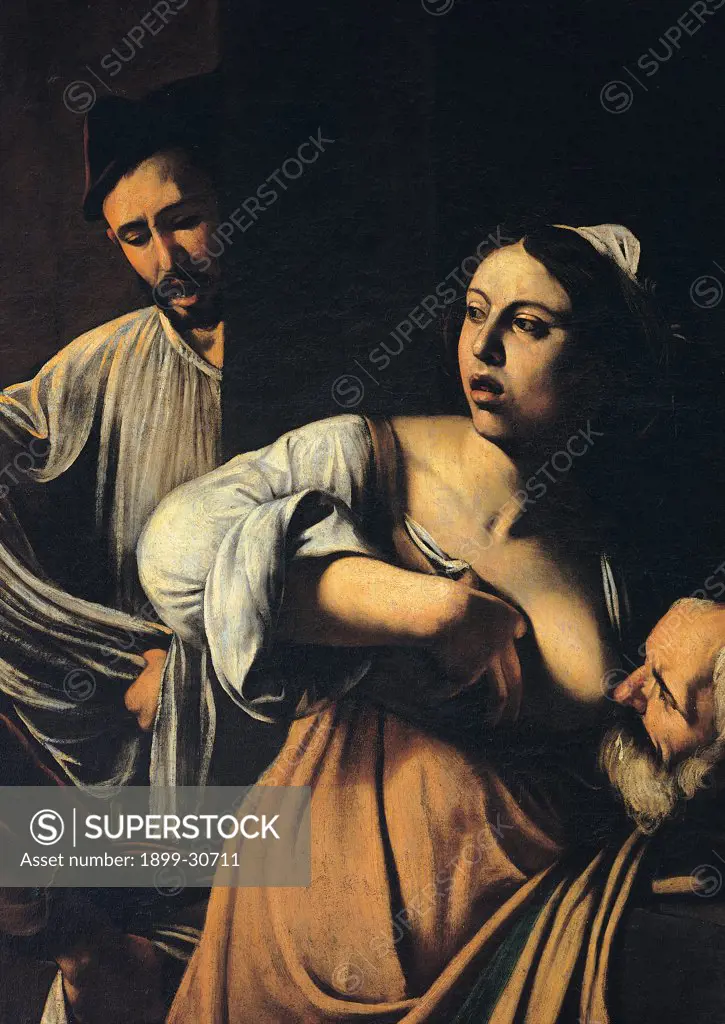 Seven Works of Mercy, by Merisi Michelangelo known as Caravaggio, 1606 - 1607, 17th Century, oil on canvas. Italy, Campania, Naples, Pio Monte della Misericordia Church. Detail. Woman of the people breastfeeding breast nude face old beard.